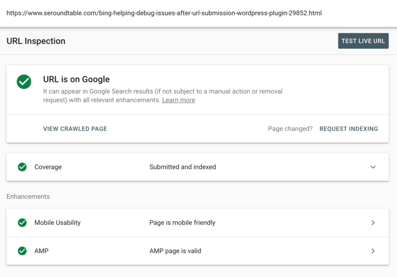 Google search console URL inspection
