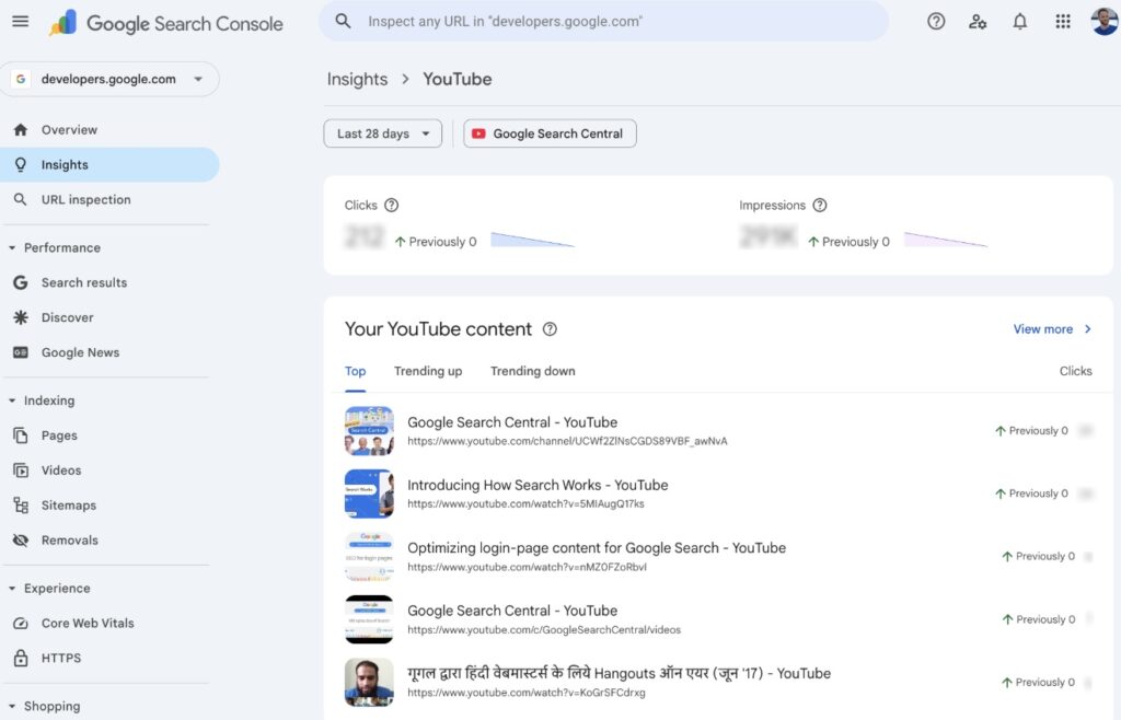 google search console insights youtube